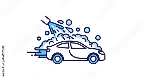 A stylized illustration of a car being washed with a high-pressure water spray, showing suds and bubbles.