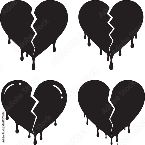 Four black broken heart silhouettes with dripping effect