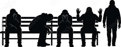 Silhouettes of people on bench, emotional poses, mental health awareness, depression, isolation, introspection, reflection, sadness, anxiety, support