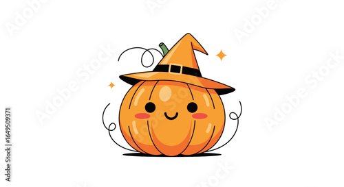 Cute halloween pumpkin wearing a witch hat smiling happily