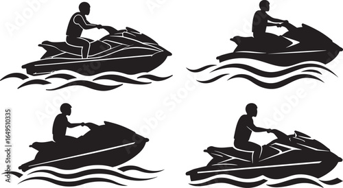 Four jet ski riders in silhouette on water