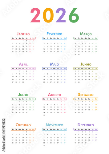 Colorful minimalist 2026 A4 vertial Portuguese calendar, monthly tables with dates, Monday week start