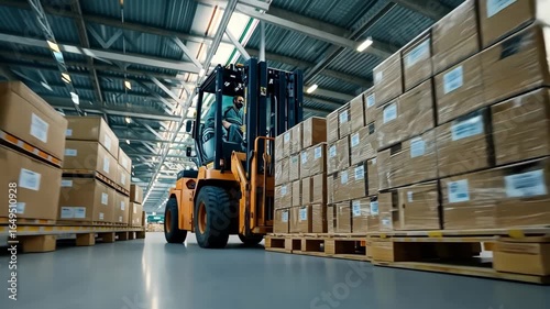Forklift operator transports boxes in large warehouse during busy workday in industrial setting