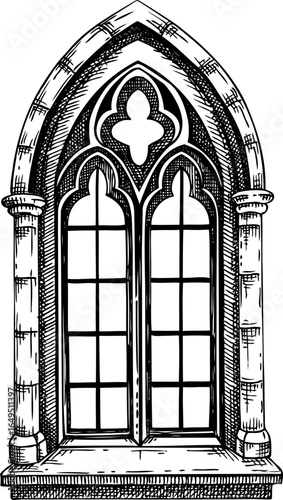 Gothic arched window sketch. Medival church architecture element. Halloween decor. NOT AI generated