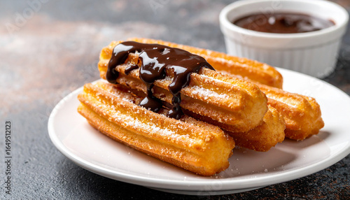 Spanish Churros with Chocolate, fried dough sticks with chocolate sauce. Tasty sweet food.