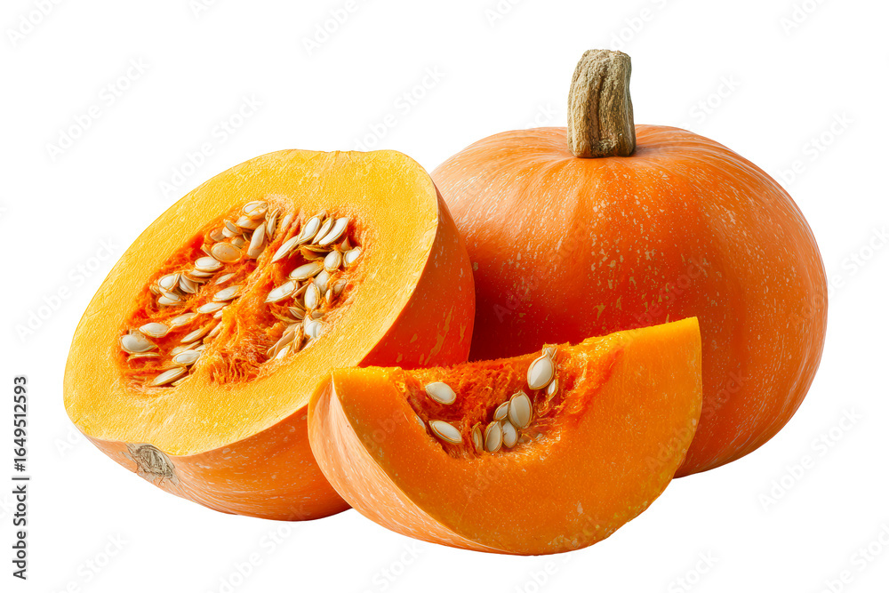Fresh pumpkin cut into slices with seeds visible Fresh pumpkin cut into slices with seeds visible