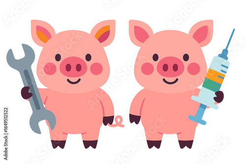 Adorable pig holding a handheld drill device in a cartoonish silhouette illustration