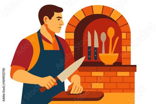A blacksmith is shaping metal at his forge, surrounded by various tools and equipment within his workshop
