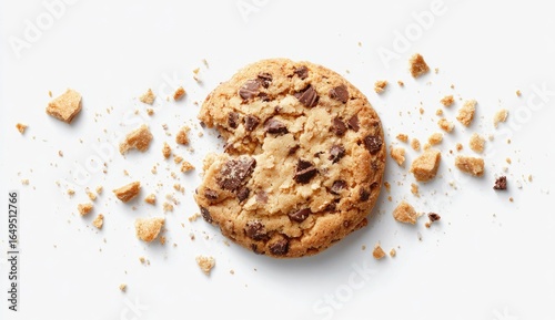 Close-up of a bitten chocolate chip cookie with crumbs