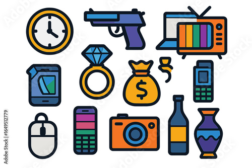 Collection of thin line and pixel perfect pawnshop icons suitable for various web and application projects