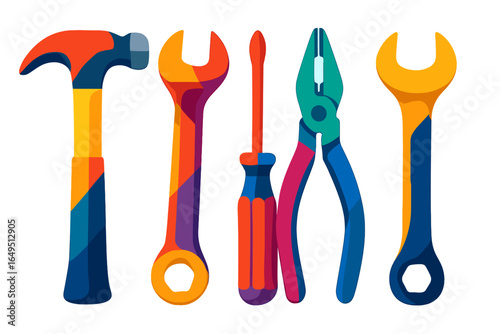 A collection of hand tools including a hammer, pliers, screwdriver, and adjustable wrench is shown in isolation