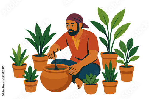 An engraved illustration depicts a potter shaping a clay pot surrounded by plants and various tools
