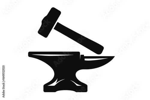 An icon of a blacksmith is depicted with a hammer in motion striking an anvil, surrounded by flying sparks, all set against a white background