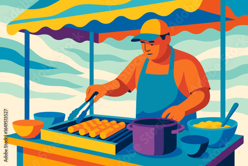Depiction of a street food seller cooking traditional Asian satay skewers at a mobile food cart stall