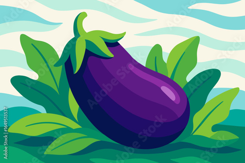 Eggplant Elegance: A deep purple eggplant with a green stem, depicted in a smooth and vivid manner, ideal for representing healthy eating and culinary ideas