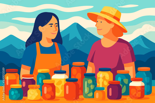 Illustration of a traditional Korean marketplace featuring pickled food and elderly female vendors