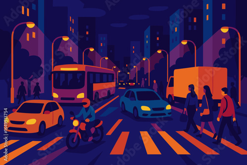 A vibrant urban street filled with neon lights and pedestrians, creating a lively and bustling atmosphere