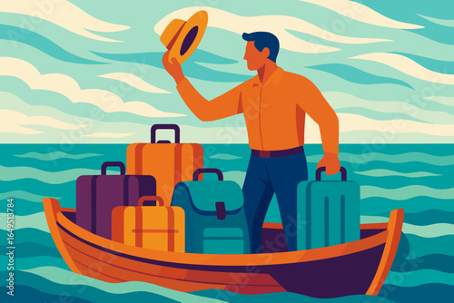 A woman farming while standing on a boat in the South China Sea, shown in a vector illustration sketch