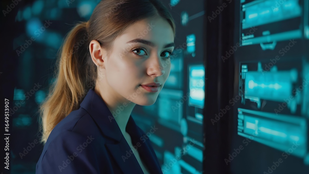 Fototapeta premium Confident young businesswoman in modern technology environment, looking at camera with data interface reflections, professional portrait for innovation and cybersecurity themes