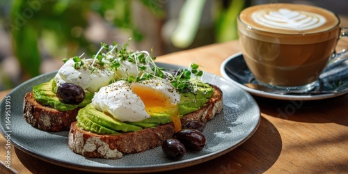 Healthy Breakfast Plate with Sourdough Bread, Avocado, Poached Egg, and Latte