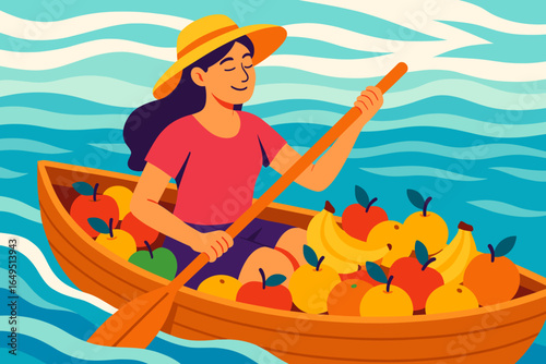 A hand drawn vector illustration of a floating market with various Thai market elements is showcased in a Thai river scene design