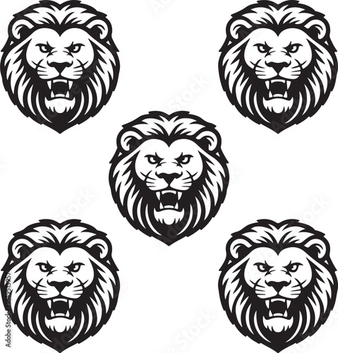 Five black and white lion head icons arranged in a cross formation lions heads