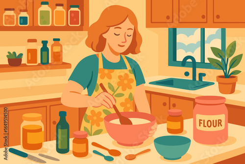 A woman prepares a nutritious meal in her home using organic ingredients stored in jars