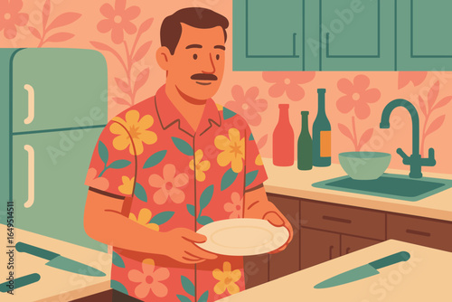 Illustration of a man checking groceries on a checklist at home in the kitchen