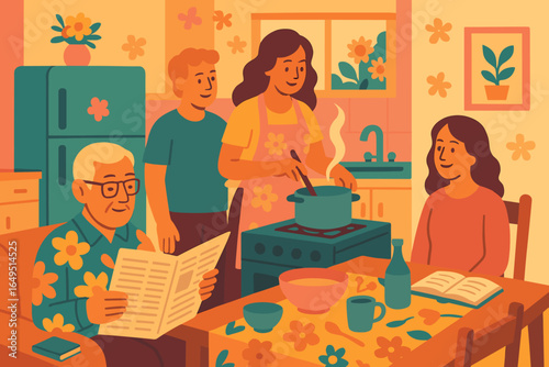 Illustration depicting multiple generations of a family together at home, suitable for themes related to family, wellbeing, or generational issues
