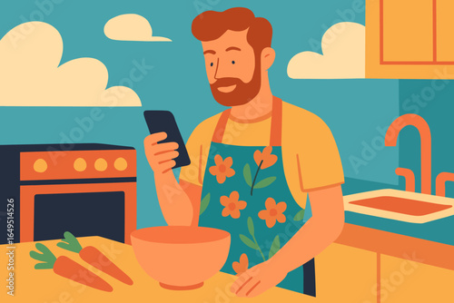 A cheerful male cook prepares a tasty meal for dinner in his home kitchen, using a recipe displayed on the screen of his smartphone, as shown in a vector illustration