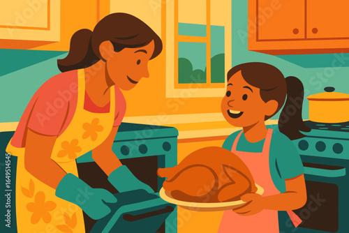 Cartoon of a mother and daughter cooking together at home in the kitchen, putting chicken in the oven for baking, in a children's cooking class where kids learn to prepare food