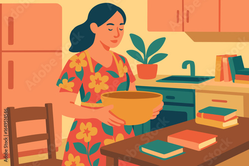 Modern kitchen interior horizontal portrait vector illustration of a happy woman preparing food while cooking at home