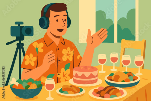 A blogger is live streaming the preparation of a festive Thanksgiving dinner from their home