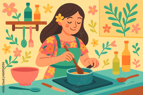 Female characters prepare homemade meals, cooking tasty dishes in a home setting, as depicted in a flat vector illustration set