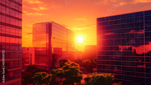 Stunning sunset over urban city skyline with vibrant colors illuminating the evening sky