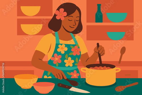 Minimalist vector illustration of a woman wearing an apron while cooking at home in the kitchen