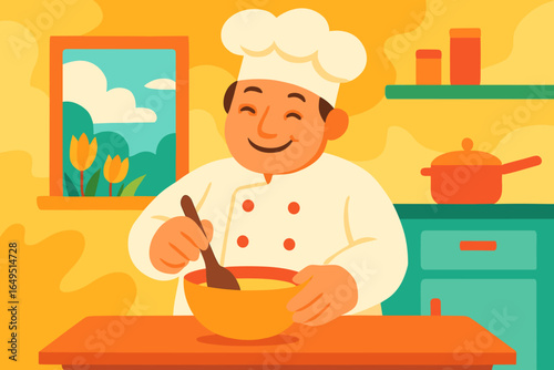 Illustration of a cheerful boy in a chef hat and uniform, mixing ingredients in a bowl at home, representing a leisure cooking activity in a flat character vector design