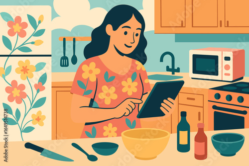 A woman in a modern kitchen prepares a meal at home using a digital recipe on her tablet, surrounded by numerous ingredients and cooking utensils