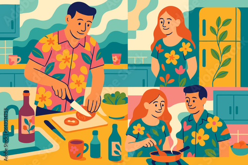 Men, women, and kids utilize various kitchen appliances to prepare food together at home, enjoying quality family time