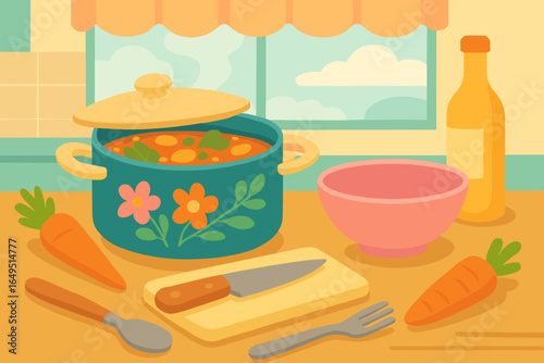 Illustration of ingredients for a healthy soup recipe, including vegetables, cutting board, knife, and saucepan, suitable for a cooking class, culinary school, blog, or vlog, depicting a home cooking