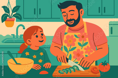 A young father and his little son prepare a healthy vegetable salad together in their home kitchen, embodying the parenting and fatherhood concept