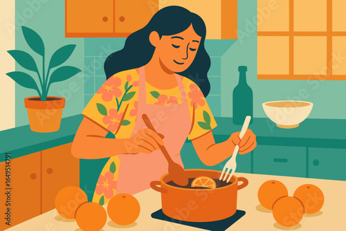 A young woman prepares an autumnal meal, utilizing a whisk and spatula to mix ingredients in a home kitchen setting, where she stirs food consisting of autumnal vegetables and herbs