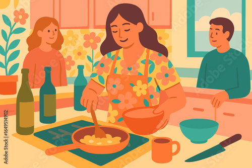 Family members and individuals of various ages utilize laptops or tablets to prepare meals at home, engaging in culinary activities as a hobby or form of training while spending time in the kitchen