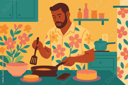 A young man uses his phone to watch a video recipe and then makes pancakes in his kitchen, illustrating the idea of online recipes and cooking at home
