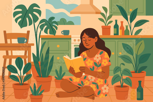 A woman reads a recipe book in the comfort of her own home, surrounded by a cozy kitchen and lush plants