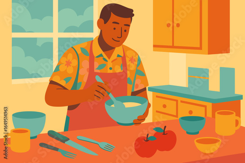 Illustration of a happy young man wearing an apron, singing alone in his kitchen at home while mixing ingredients to bake a dessert, pie, or pastry