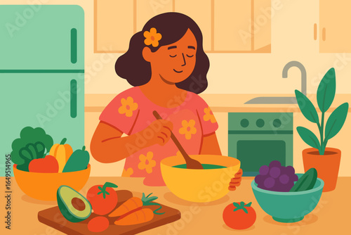 Modern kitchen interior with a woman preparing healthy food at home, incorporating an online cooking concept with a web browser window, depicted as a horizontal portrait vector illustration