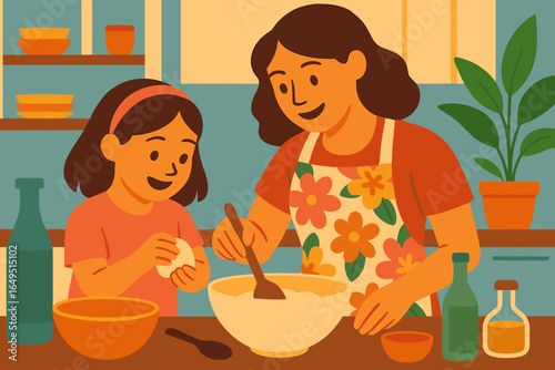 A happy mother and daughter are shown cooking together in their home kitchen, symbolizing joyful motherhood and shared activities with kids, set against a plain white background