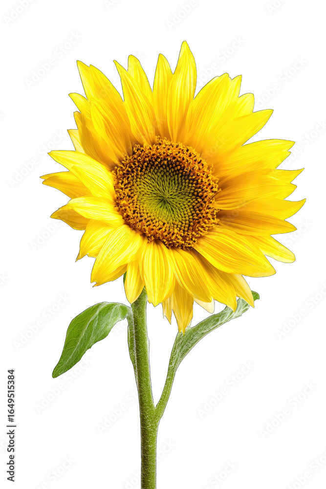 Fototapeta premium Close-up of a vibrant sunflower against a black background. The flower is a bright, rich yellow, with a dark brown center. Dark-green leaves are visible on the stem