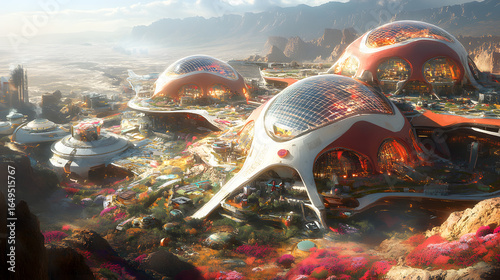 A futuristic city design with abundant flowers and greenery blending nature and urban life